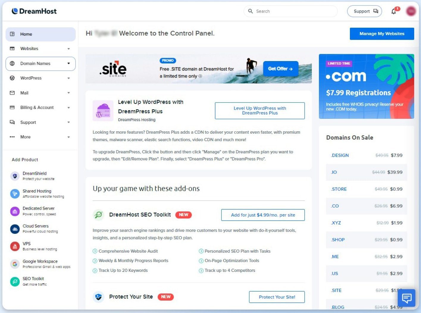 Dreamhost vs. Bluehost: Dreamhost-Control Panel