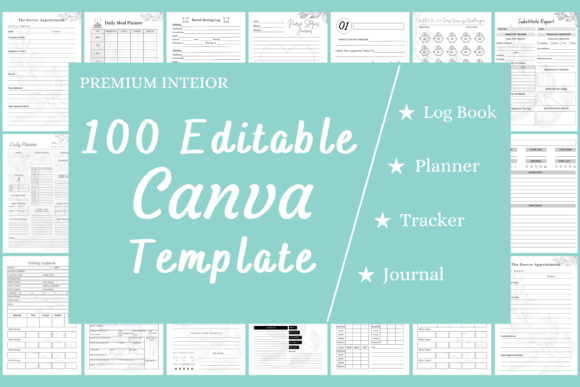 Editable Canva bundle featuring 100 KDP interior templates, focusing on financial goals, savings challenges, and monthly calendar layouts.