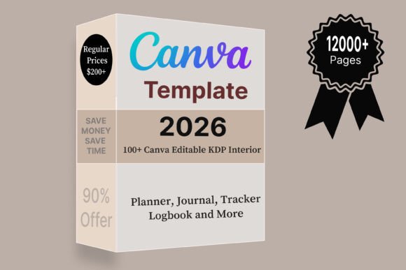 100+ Editable Templates | KDP 2026-100+ editable Canva templates for KDP 2026 — planners, journals and trackers bundle on Creative Fabrica