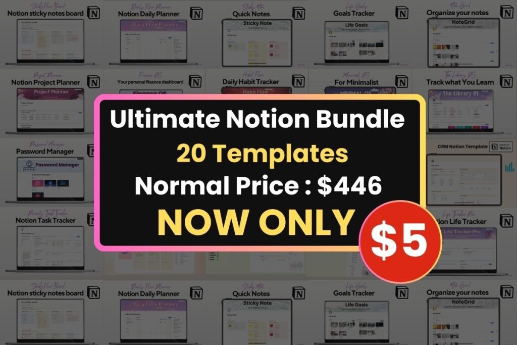 Ultimate Notion templates bundle interface showcasing a collection of twenty minimalist digital organizers, project planners, and clean task tracking dashboards.