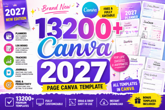 13200+ Canva Page Template | KDP 2027-A massive collection of aesthetic Canva templates featuring diverse planner pages, mental health journals, and 2027 KDP interiors spread out to showcase the 13,200+ page digital bundle.