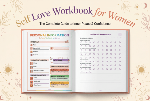 13200+ Canva Page Template | KDP 2027-A laptop displaying editable digital planner layouts inside the Canva dashboard, surrounded by printed workbook pages from the 13,200+ Canva templates commercial bundle.