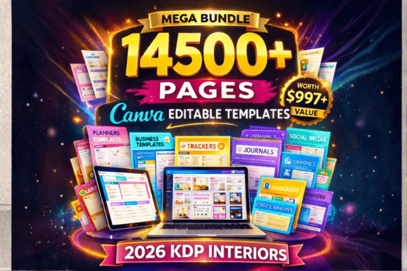 14500+ editable Canva KDP interior templates 2026 — massive journal and planner bundle on Creative Fabrica
