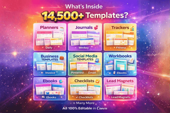 Mega KDP Canva templates bundle 2026 — 14500 editable interiors for Amazon publishing and digital sellers