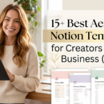 A smiling young woman holding an iPad next to a stylish text overlay reading "15+ Best Aesthetic Notion Templates for Creators & Small Business (2026)" with minimalist dashboard previews.