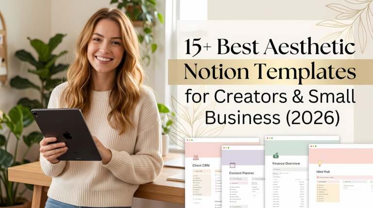 A smiling young woman holding an iPad next to a stylish text overlay reading "15+ Best Aesthetic Notion Templates for Creators & Small Business (2026)" with minimalist dashboard previews.