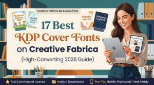 17 Best KDP Cover Fonts on Creative Fabrica high converting 2026 guide banner featuring a smiling young woman holding an iPad with font samples and book cover templates.