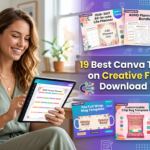 A woman designer with an iPad looking at a collection of digital Canva templates for Etsy and Amazon KDP. Overlay text: 19 Best Canva Templates on Creative Fabrica to Download in 2026.