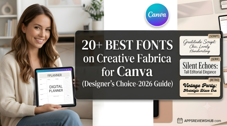 Horizontal featured image banner for AppsReviewsHUB featuring a smiling woman holding an iPad with a digital planner. Center dark overlay showcases the title "20+ BEST FONTS on Creative Fabrica for Canva (Designer’s Choice-2026 Guide)" with the Canva logo above. Right side displays preview font cards for Gratitude Script, Silent Echoes serif, and Vintage Party retro font.