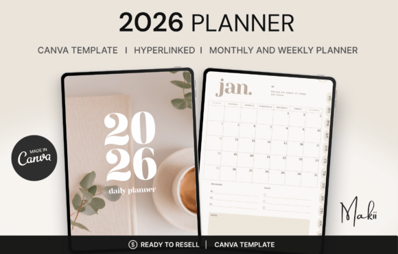 2026 digital planner Canva template with 73 hyperlinked pages — monthly and weekly spreads on Creative Fabrica