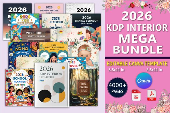 Comprehensive 8.5x11 inch Amazon KDP template library spanning ADHD tools, mental health workbooks, and business planners.