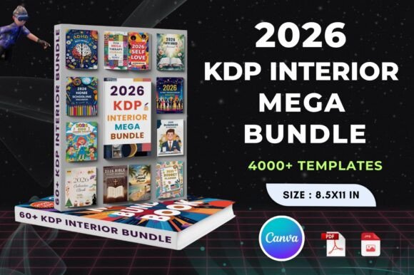 Massive 2026 KDP interior mega bundle featuring over 60 editable Canva planners and 4000 templates for commercial use.