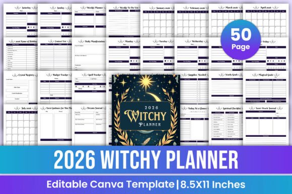 2026 witchy planner template in Canva showing tarot spreads, moon phase trackers, and manifestation prompt sheets.