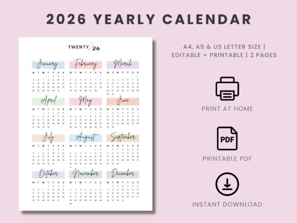 2026 yearly calendar Canva template — minimalist printable wall calendar A4 and US Letter on Creative Fabrica