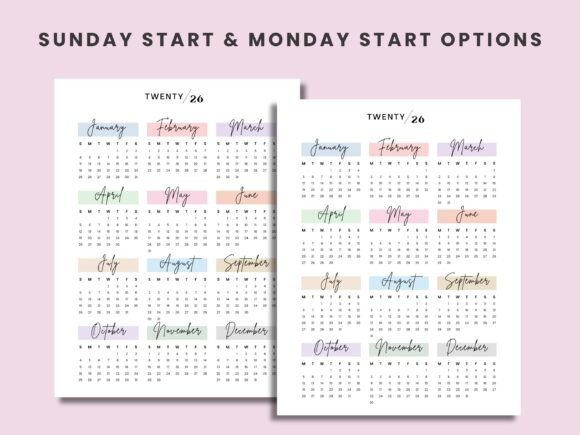 Editable 2026 Canva yearly calendar template — Monday and Sunday start options for planners and wall calendars