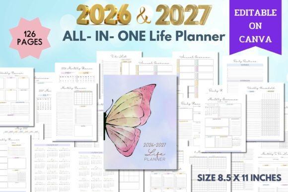 2026-2027 all-in-one life planner Canva template — monthly and weekly spreads editable on Creative Fabrica