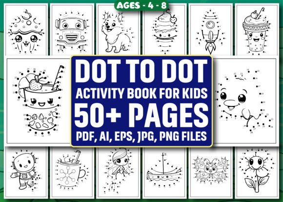 50 Dot to Dot activity book for kids printable interior pages from Creative Fabrica.