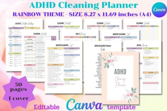 ADHD cleaning planner Canva editable template — room-by-room cleaning checklist on Creative Fabrica