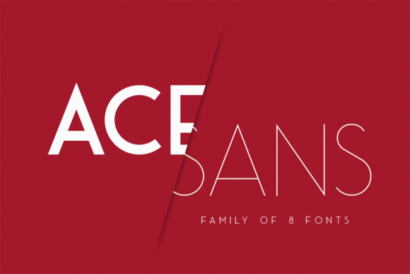 Showcase of Ace Sans font family on Creative Fabrica, featuring a modern and minimalist geometric sans-serif typeface with 8 weights. Perfect for digital finance trackers, clean corporate branding, and modern app-style Canva layouts.