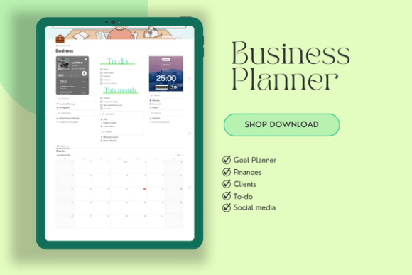 Aesthetic Home & Business Notion Planner-An organized lifestyle and digital marketing workspace using premium Notion templates to show automated expense charts, a YouTube video content calendar, and professional goal checklists.