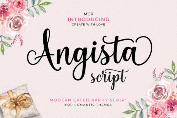 Showcase of Angista Script typeface, a free delicate luxury script font on Creative Fabrica. The image displays elegant dancing characters with decorative swashes, perfect for wedding invitations and aesthetic Canva designs.