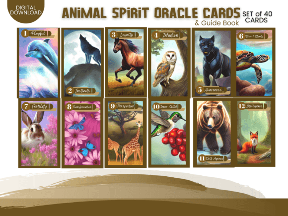 Animal Oracle Cards Kit Canva Templates-An elegant display of animal spirit oracle card designs, a matching 46-page guidebook layout, and printable mini-stickers open within the Canva design platform.