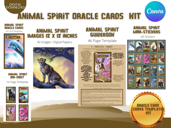 Animal Oracle Cards Kit Canva Templates-A clean presentation of a 40-card tarot deck template and cutting guides spread out over a neutral background using versatile Canva templates.