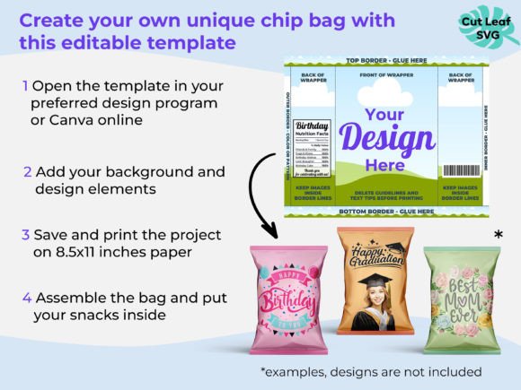 Editable Canva chip bag template for birthday parties — customizable snack bag printable for Etsy shops