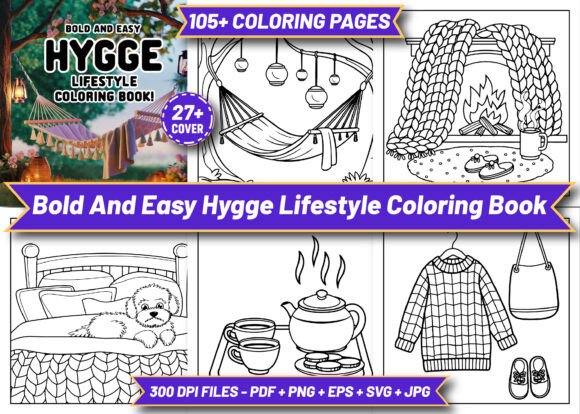 Minimalist cozy lifestyle adult coloring book interior design template with thick lines for KDP.