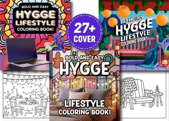 Bold and easy hygge lifestyle coloring pages vector illustration pack from Creative Fabrica.
