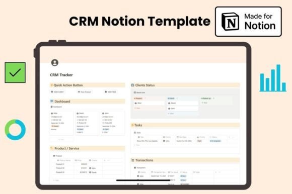 The Freelance CRM Hub - Minimalist Notion template dashboard showing a freelance CRM setup with clean columns for client pipelines, quick action buttons, and project task management on a dark mode screen.