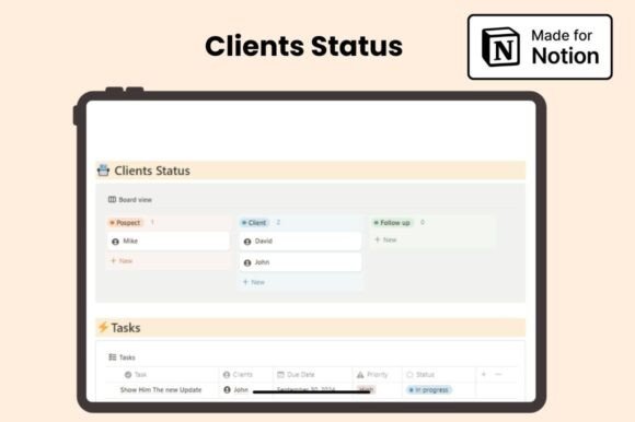 The Freelance CRM Hub - A comprehensive business Notion template workflow for creative freelancers, featuring organized databases for tracking transactions, client status, and daily project goals.