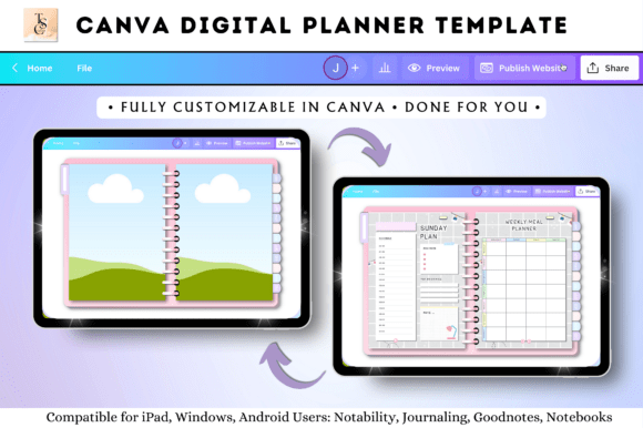 Canva Digital Planner Template-A clean view of a digital planner layout with soft blue and pink interactive tabs and matching digital stickers open within the Canva workspace.