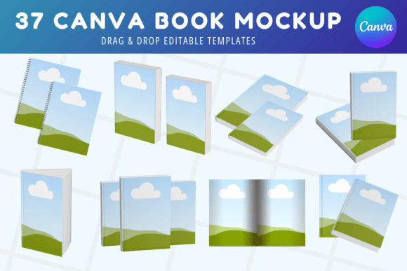Editable Canva book mockup templates — realistic KDP cover preview layouts on Creative Fabrica