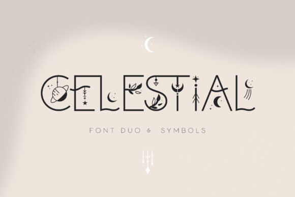Celestial font family showcase featuring decorative moon motifs and astrology dingbats for KDP covers.