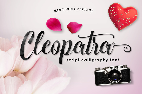 Showcase of Cleopatra modern calligraphy font, a free elegant script typeface on Creative Fabrica. Features smooth, luxurious handwritten letters perfect for upscale branding, wedding invitations, and aesthetic Canva layouts.