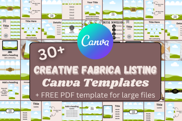 Creativefabrica Listing Canva Templates-A clean and professional presentation of digital product listing templates shown on a 1200x800 canvas size inside the Canva editing interface, tailored for Creative Fabrica and online marketplaces.