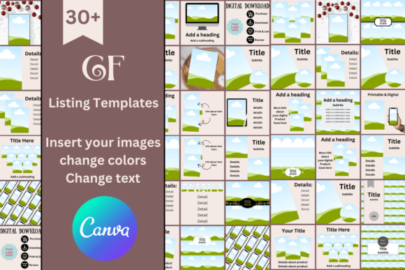 Creativefabrica Listing Canva Templates-A modern layout displaying various aesthetic Canva templates from a 30-piece shop listing kit, featuring a bonus downloadable PDF link template for digital shop owners.