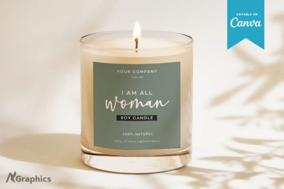 Dark Green Candle Label Canva Template-A realistic mockup showing a printed artisan product label wrapped around a glass jar, edited using customizable Canva templates.