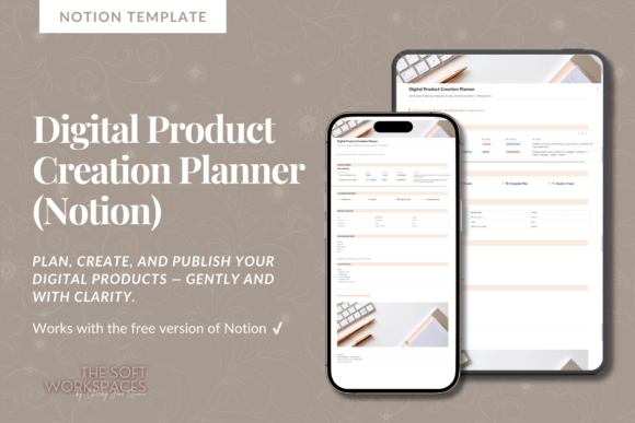 Digital Product Creation Planner Notion-A clean and simple creator workflow dashboard using Notion templates, featuring minimalist columns for product idea databases, creation checklists, and mockup planning tools.