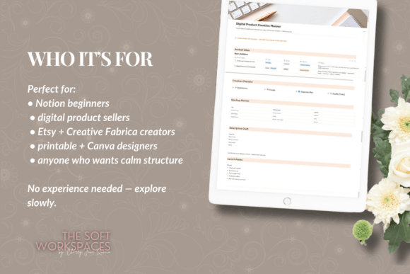 Digital Product Creation Planner Notion-A minimalist digital product planner setup built with functional Notion templates, showing organized sections for writing descriptions, tracking launch notes, and moving from idea to finished asset.