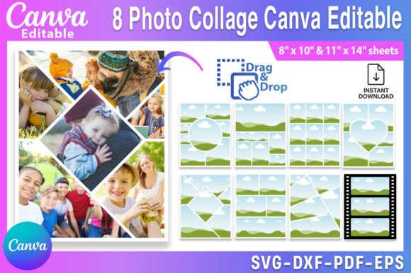Editable 8-photo collage Canva template — family memory layout printable on Creative Fabrica