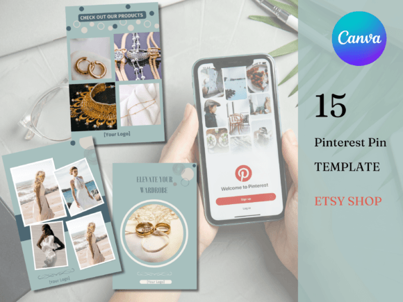 Etsy Shop Pinterest Pin Templates Canva-A curated collection of vertical Pinterest pin layouts displaying bold typography headers and image placeholder frames open inside Canva.