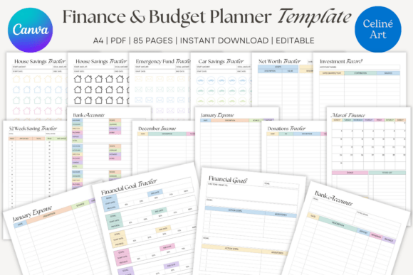 All-in-one finance and budget planner template in Canva with monthly budget sheets, debt trackers, and savings challenge grids