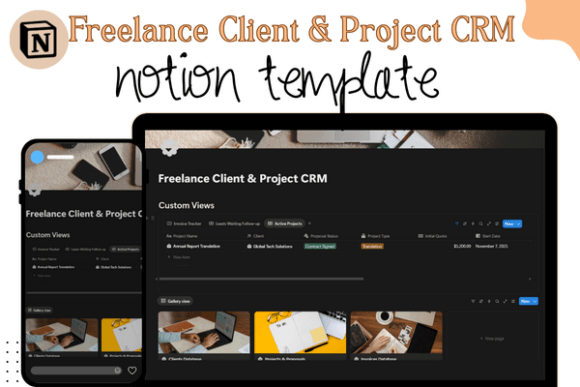 Freelance Client & Project CRM Notion-A professional all-in-one freelance operating system dashboard built with Notion templates, showing a central workspace for tracking client information, project status, and task deadlines.