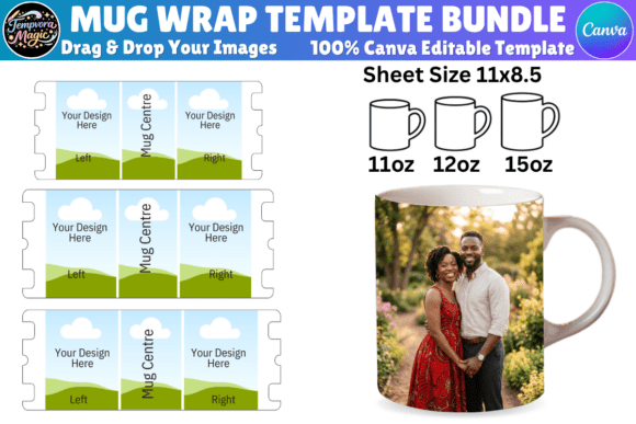 Full wrap mug Canva template in 11oz 12oz and 15oz sizes — print-on-demand mug design on Creative Fabrica