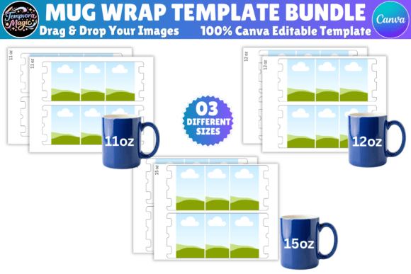 Editable Canva full wrap mug template — 3 sizes for Printful and Printify POD mug sellers