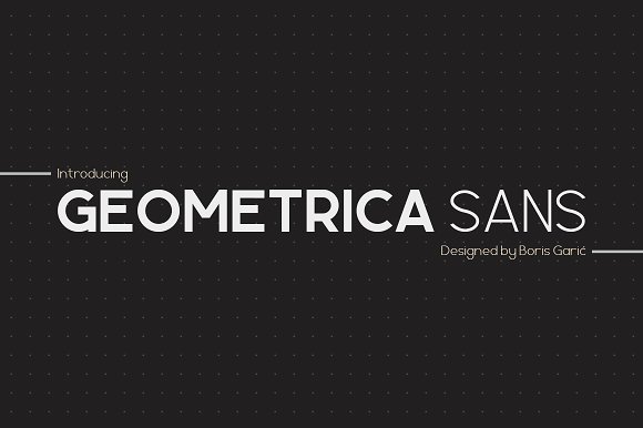Showcase of Geometrica Sans font family on Creative Fabrica, featuring a modern geometric sans-serif typeface with 6 weights and Cyrillic/Russian language support. Perfect for multilingual Canva templates, clean app interfaces, and aesthetic digital planners.