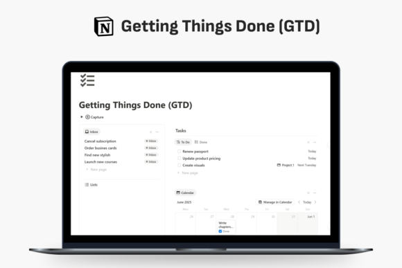 Getting Things Done (GTD) Notion Templae-Clean and functional time management interface built with minimalist Notion templates following the Getting Things Done method.