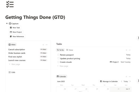 Getting Things Done (GTD) Notion Template-Advanced GTD task manager dashboard inside Notion with inbox, next actions, and active project columns.